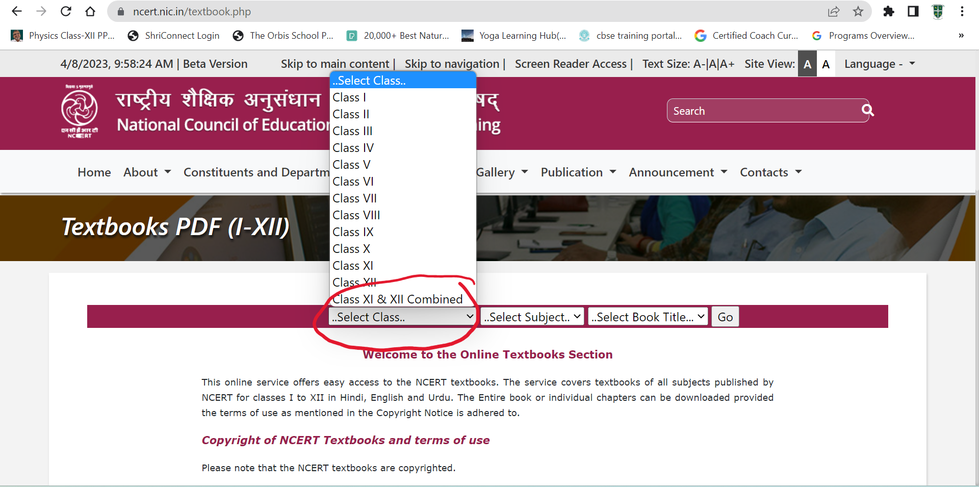 NCERT website class selection tab